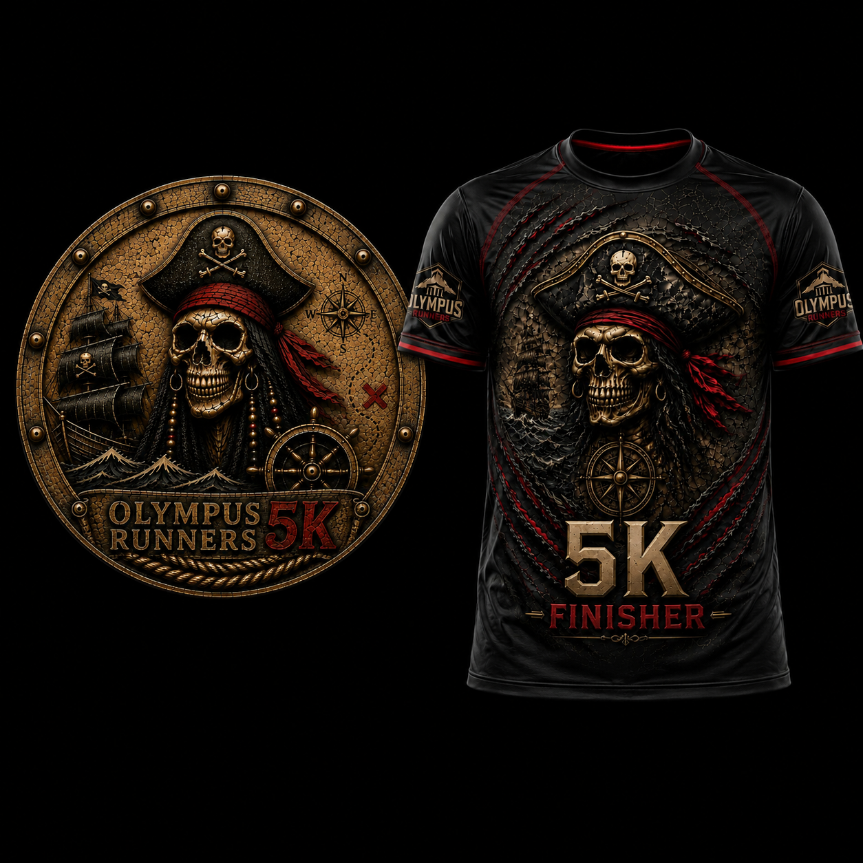 Medalla y camisa del 5K Pirate Challenge